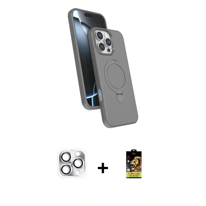 MARSİLYAN™- iPhone 16 Pro Max Kılıf İz Işık Koleksiyonu - Siyah Buffer Cam Ekran Koruyucu + Gümüş Pers Alüminyum Kamera Lens