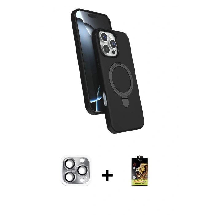 MARSİLYAN™- iPhone 16 Pro Max Kılıf İz Işık Koleksiyonu - Siyah Buffer Cam Ekran Koruyucu + Pers Alüminyum Kamera Lens - GI
