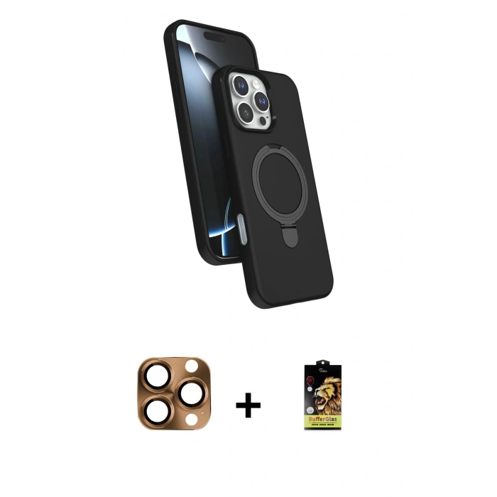 MARSİLYAN™- iPhone 16 Pro Max Kılıf İz Işık Koleksiyonu - Siyah Buffer Cam Ekran Koruyucu + Pers Alüminyum Kamera Lens - CLTM