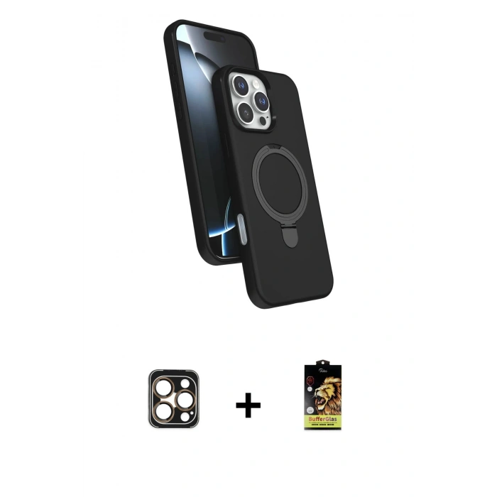 MARSİLYAN™- iPhone 16 Pro Max Kılıf İz Işık Koleksiyonu - Siyah Buffer Cam Ekran Koruyucu + PVD Metal Kamera Lens - GD