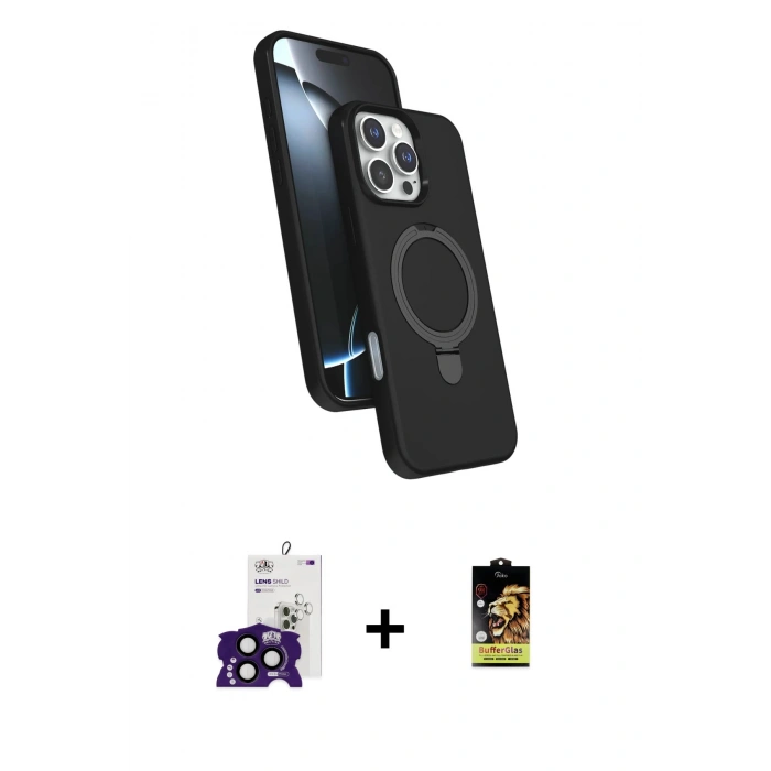 MARSİLYAN™- iPhone 16 Pro Max Kılıf İz Işık Koleksiyonu - Siyah Buffer Cam Ekran Koruyucu + Bilvis Titan Kamera Lens - SH