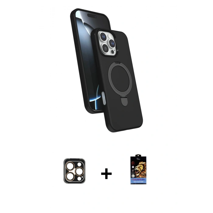 MARSİLYAN™- iPhone 16 Pro Max Kılıf İz Işık Koleksiyonu - Siyah Buffer Hayalet Cam Ekran Koruyucu + PVD Metal Kamera Lens - GD