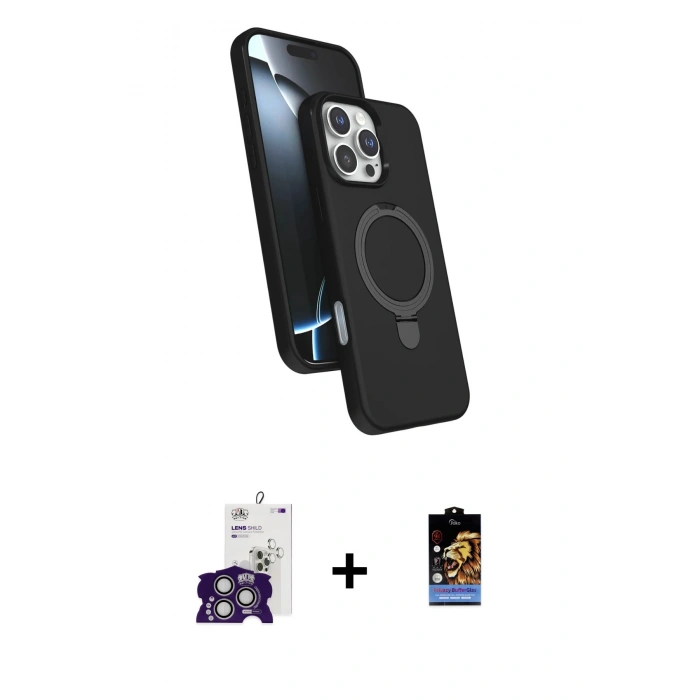 MARSİLYAN™- iPhone 16 Pro Max Kılıf İz Işık Koleksiyonu - Siyah Buffer Hayalet Cam Ekran Koruyucu + Gümüş Bilvis Titan Kamera Lens