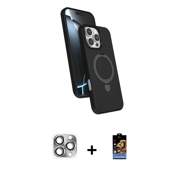 MARSİLYAN™- iPhone 16 Pro Max Kılıf İz Işık Koleksiyonu - Siyah Buffer Hayalet Cam Ekran Koruyucu + Pers Alüminyum Kamera Lens - GI
