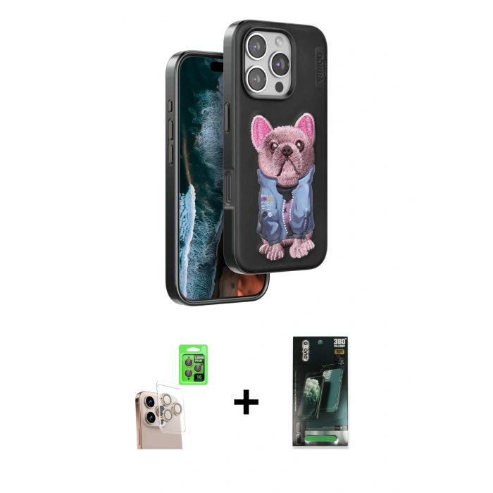 MARSİLYAN™- iPhone 16 Pro Max Kılıf İz Minimal Koleksiyonu - Siyah 360 Mat Full Body Arka Koruyucu + Raze Metal Kamera Lens - NLGY