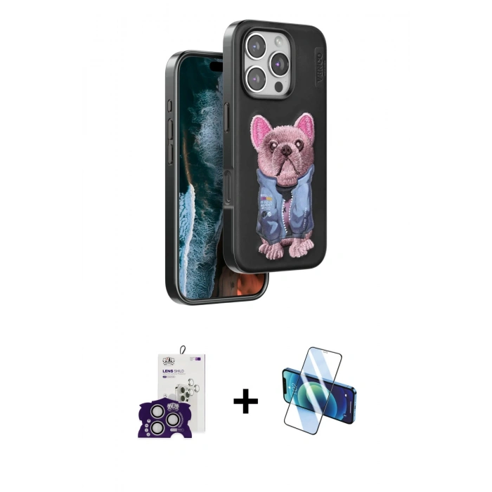 MARSİLYAN™- iPhone 16 Pro Max Kılıf İz Minimal Koleksiyonu - Siyah 3D Antistatik Cam Ekran Koruyucu + Bilvis Titan Kamera Lens - GS