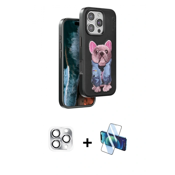MARSİLYAN™- iPhone 16 Pro Max Kılıf İz Minimal Koleksiyonu - Siyah 3D Antistatik Cam Ekran Koruyucu + Pers Alüminyum Kamera Lens - GS