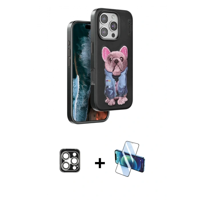 MARSİLYAN™- iPhone 16 Pro Max Kılıf İz Minimal Koleksiyonu - Siyah 3D Antistatik Cam Ekran Koruyucu + PVD Metal Kamera Lens - GS