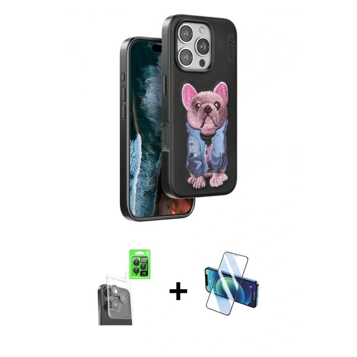 MARSİLYAN™- iPhone 16 Pro Max Kılıf İz Minimal Koleksiyonu - Siyah 3D Antistatik Cam Ekran Koruyucu + Raze Metal Kamera Lens - SH