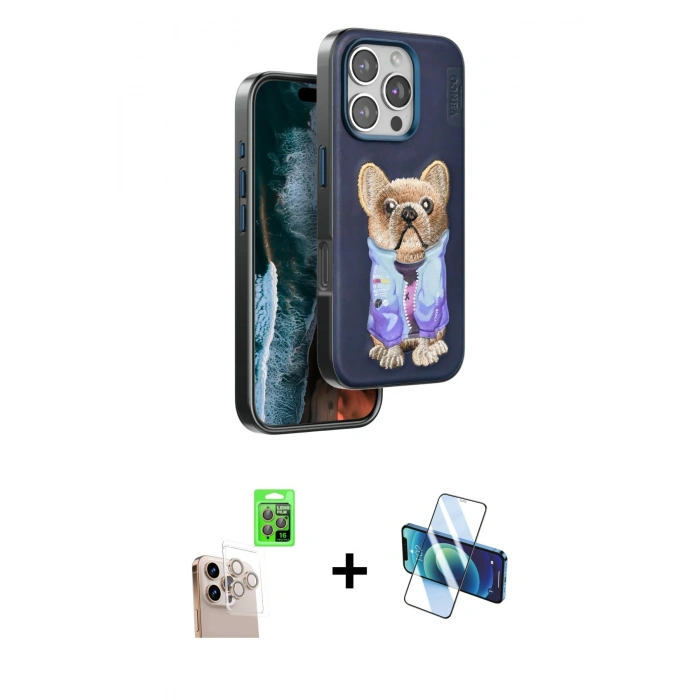 MARSİLYAN™- iPhone 16 Pro Max Kılıf İz Minimal Koleksiyonu - Siyah 3D Antistatik Cam Ekran Koruyucu + Raze Metal Kamera Lens - NLGY