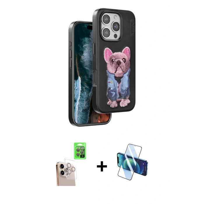 MARSİLYAN™- iPhone 16 Pro Max Kılıf İz Minimal Koleksiyonu - Siyah 3D Antistatik Cam Ekran Koruyucu + Raze Metal Kamera Lens - NLGY