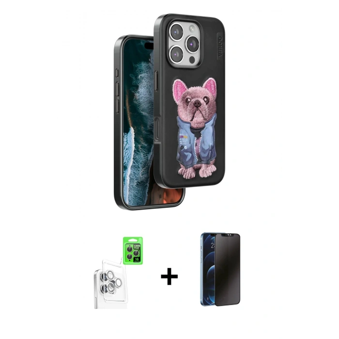 MARSİLYAN™- iPhone 16 Pro Max Kılıf İz Minimal Koleksiyonu - Siyah 3D Antistatik Hayalet Cam Ekran Koruyucu + Raze Metal Kamera Lens - BZ