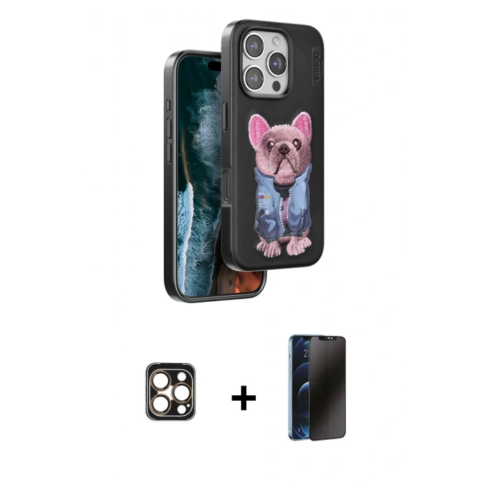 MARSİLYAN™- iPhone 16 Pro Max Kılıf İz Minimal Koleksiyonu - Siyah 3D Antistatik Hayalet Cam Ekran Koruyucu + PVD Metal Kamera Lens - GD