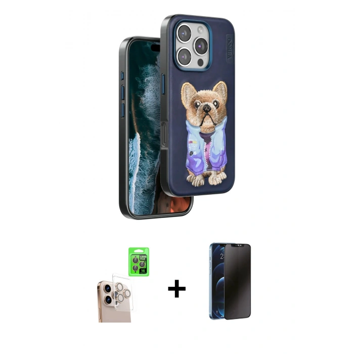 MARSİLYAN™- iPhone 16 Pro Max Kılıf İz Minimal Koleksiyonu - Siyah 3D Antistatik Hayalet Cam Ekran Koruyucu + Raze Metal Kamera Lens - NLGY
