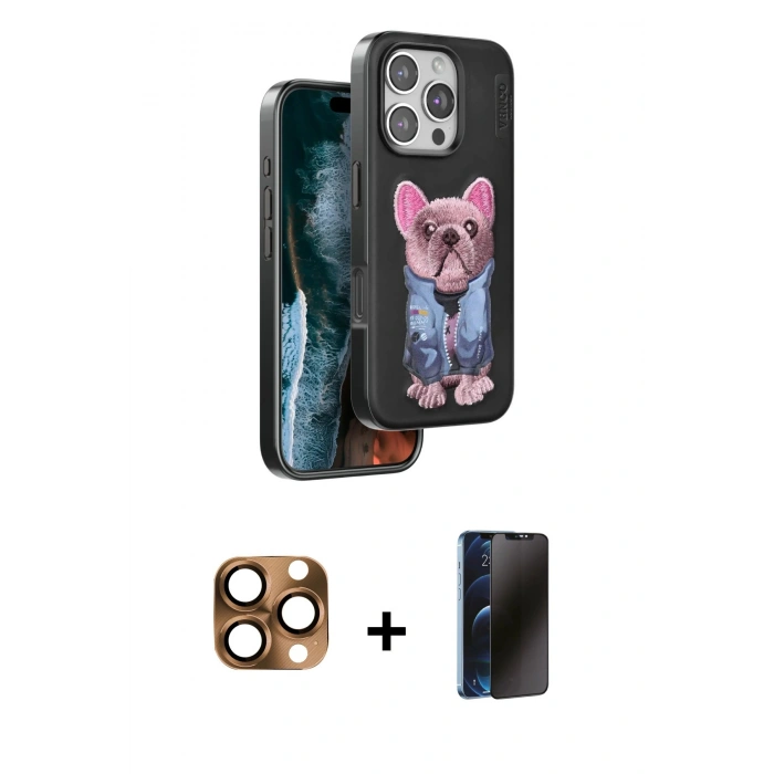 MARSİLYAN™- iPhone 16 Pro Max Kılıf İz Minimal Koleksiyonu - Siyah 3D Antistatik Hayalet Cam Ekran Koruyucu + Pers Alüminyum Kamera Lens - CLTM