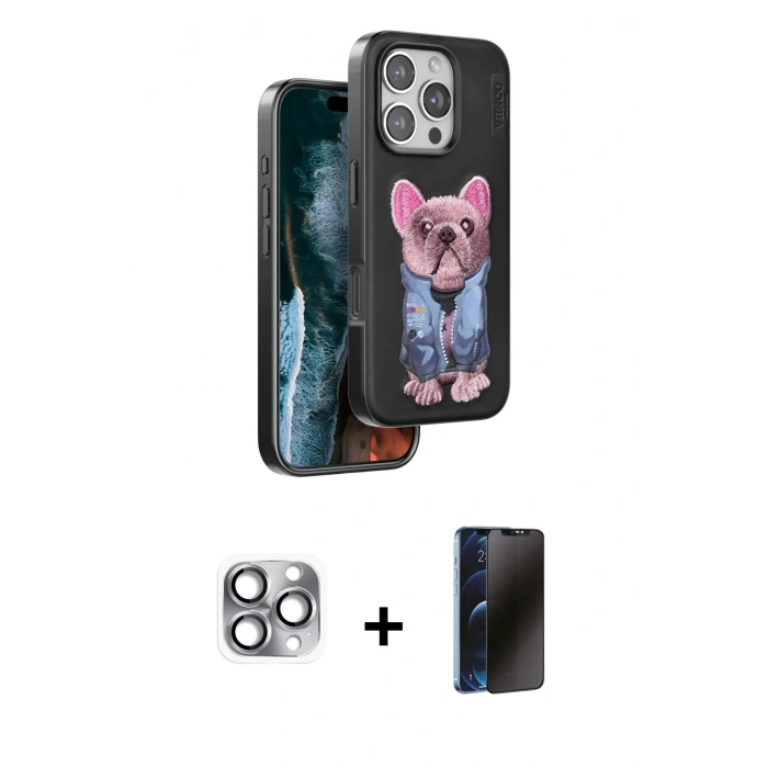 MARSİLYAN™- iPhone 16 Pro Max Kılıf İz Minimal Koleksiyonu - Siyah 3D Antistatik Hayalet Cam Ekran Koruyucu + Pers Alüminyum Kamera Lens - GI