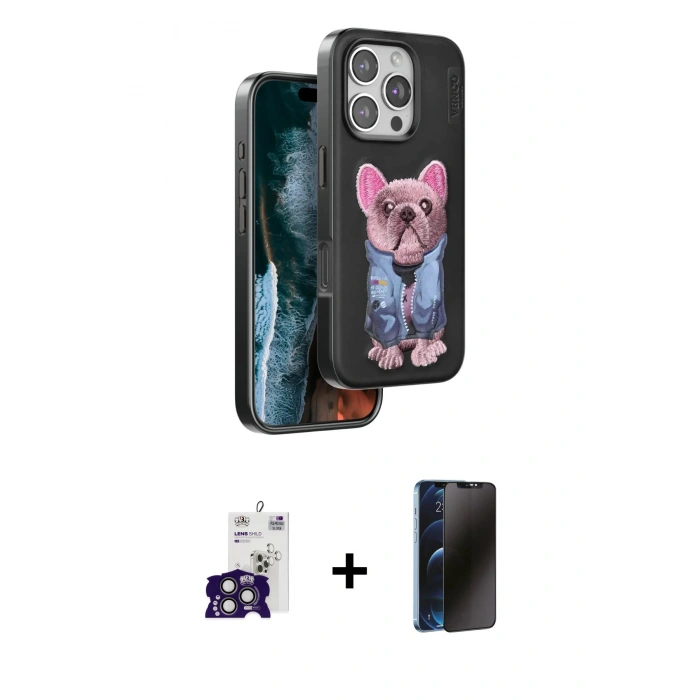 MARSİLYAN™- iPhone 16 Pro Max Kılıf İz Minimal Koleksiyonu - Siyah 3D Antistatik Hayalet Cam Ekran Koruyucu + Bilvis Titan Kamera Lens - TMGI