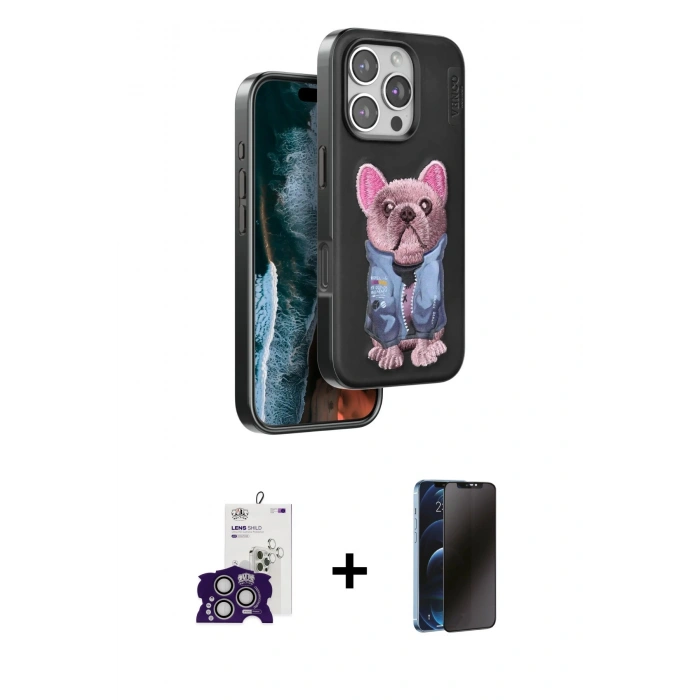 MARSİLYAN™- iPhone 16 Pro Max Kılıf İz Minimal Koleksiyonu - Siyah 3D Antistatik Hayalet Cam Ekran Koruyucu + Bilvis Titan Kamera Lens - GS