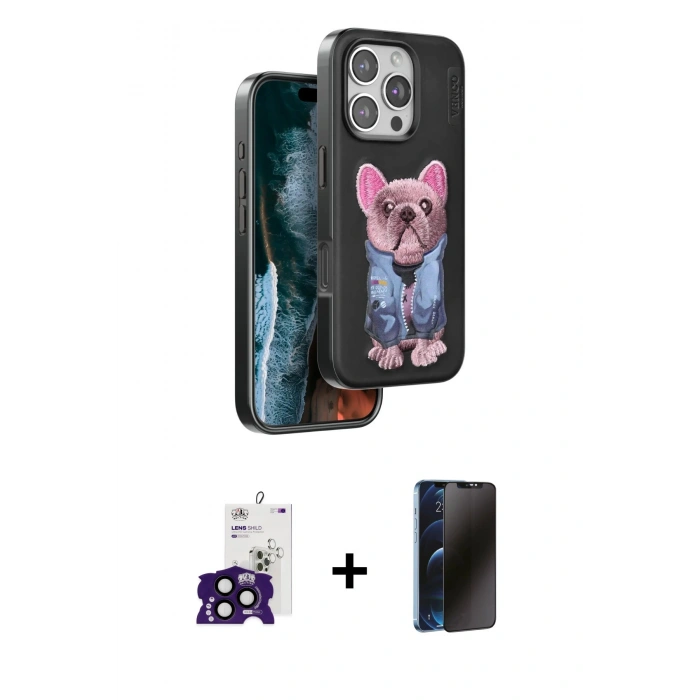 MARSİLYAN™- iPhone 16 Pro Max Kılıf İz Minimal Koleksiyonu - Siyah 3D Antistatik Hayalet Cam Ekran Koruyucu + Bilvis Titan Kamera Lens - SH