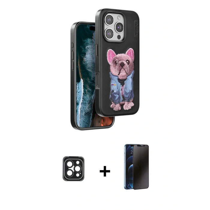 MARSİLYAN™- iPhone 16 Pro Max Kılıf İz Minimal Koleksiyonu - Siyah 3D Antistatik Hayalet Cam Ekran Koruyucu + PVD Metal Kamera Lens - SH