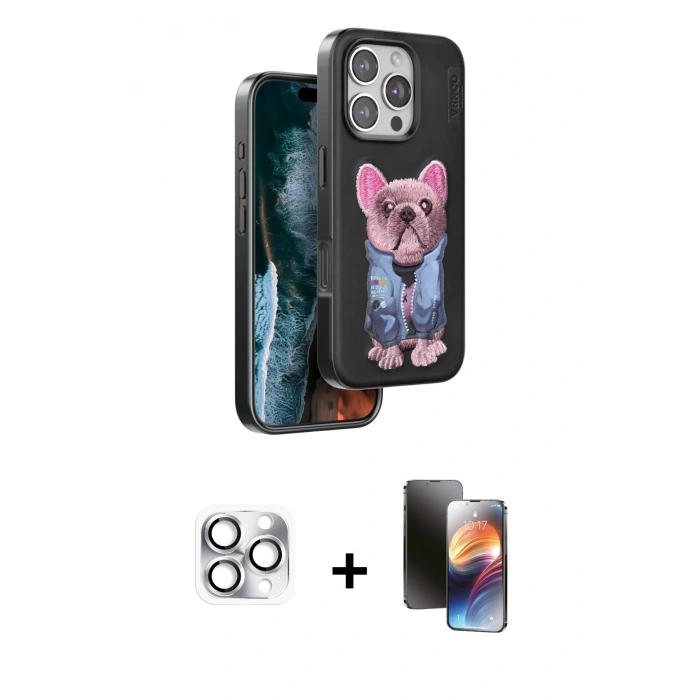 MARSİLYAN™- iPhone 16 Pro Max Kılıf İz Minimal Koleksiyonu - Siyah 3D Antistatik Mat Seramik Nano Ekran Koruyucu + Pers Alüminyum Kamera Lens - GS