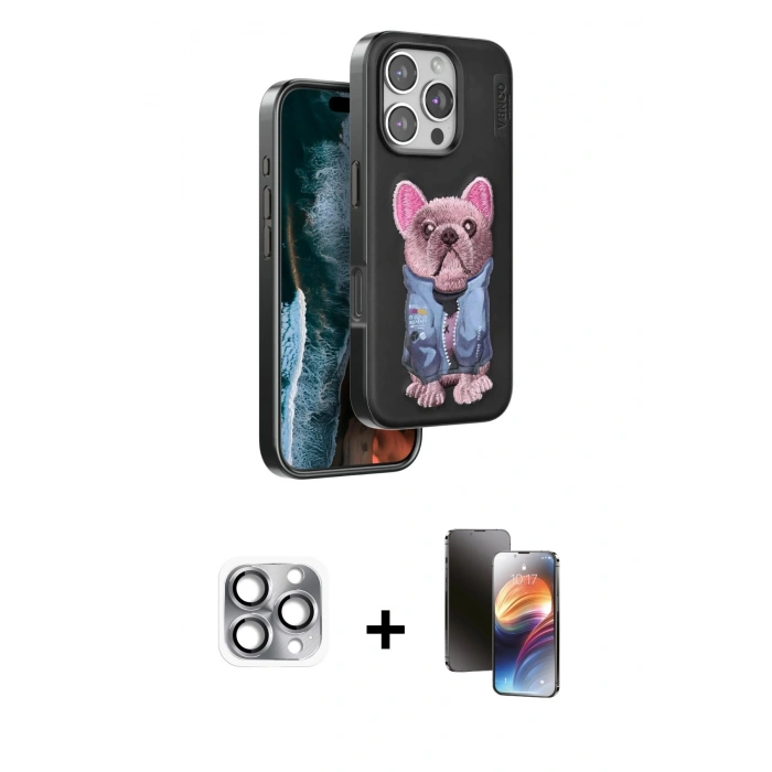 MARSİLYAN™- iPhone 16 Pro Max Kılıf İz Minimal Koleksiyonu - Siyah 3D Antistatik Mat Seramik Nano Ekran Koruyucu + Pers Alüminyum Kamera Lens - GI