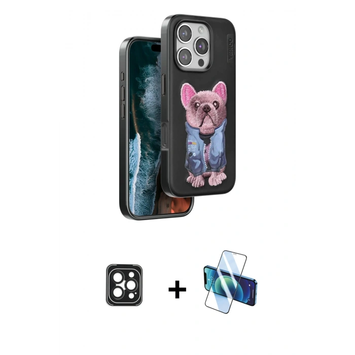 MARSİLYAN™- iPhone 16 Pro Max Kılıf İz Minimal Koleksiyonu - Siyah 3D Antistatik Seramik Nano Ekran Koruyucu + PVD Metal Kamera Lens - SH