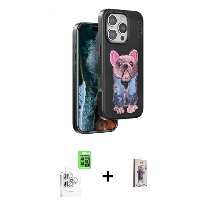 MARSİLYAN™- iPhone 16 Pro Max Kılıf İz Minimal Koleksiyonu - Siyah Bilvis 3D Cam Ekran Koruyucu + Beyaz Raze Metal Kamera Lens
