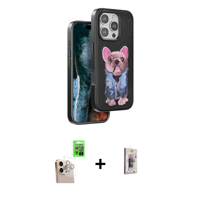 MARSİLYAN™- iPhone 16 Pro Max Kılıf İz Minimal Koleksiyonu - Siyah Bilvis 3D Cam Ekran Koruyucu + Natural Grey Raze Metal Kamera Lens