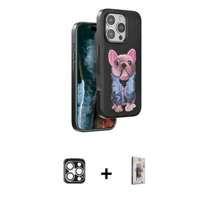 MARSİLYAN™- iPhone 16 Pro Max Kılıf İz Minimal Koleksiyonu - Siyah Bilvis 3D Cam Ekran Koruyucu + PVD Metal Kamera Lens - GS