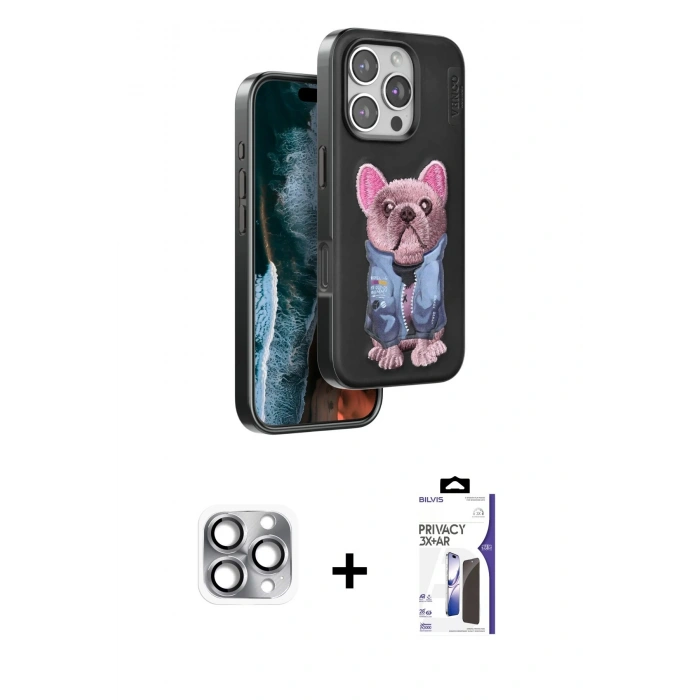 MARSİLYAN™- iPhone 16 Pro Max Kılıf İz Minimal Koleksiyonu - Siyah Bilvis 3X AR Hayalet Cam Ekran Koruyucu + Pers Alüminyum Kamera Lens - GI
