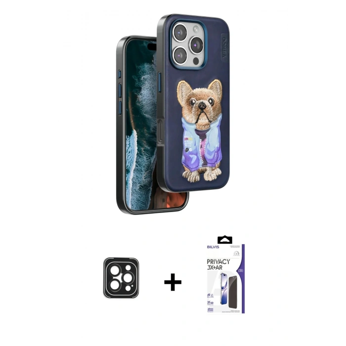 MARSİLYAN™- iPhone 16 Pro Max Kılıf İz Minimal Koleksiyonu - Siyah Bilvis 3X AR Hayalet Cam Ekran Koruyucu + PVD Metal Kamera Lens - SH