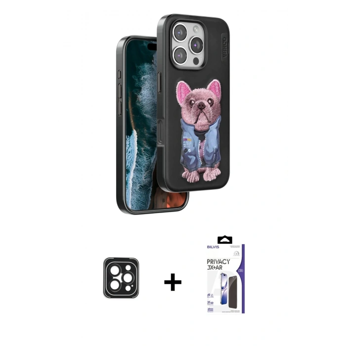 MARSİLYAN™- iPhone 16 Pro Max Kılıf İz Minimal Koleksiyonu - Siyah Bilvis 3X AR Hayalet Cam Ekran Koruyucu + PVD Metal Kamera Lens - SH