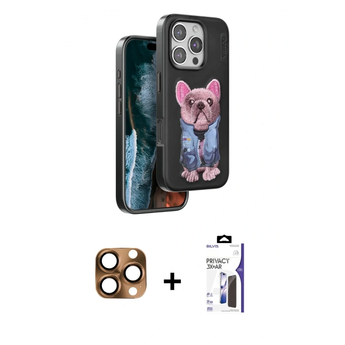 MARSİLYAN™- iPhone 16 Pro Max Kılıf İz Minimal Koleksiyonu - Siyah Bilvis 3X AR Hayalet Cam Ekran Koruyucu + Pers Alüminyum Kamera Lens - CLTM