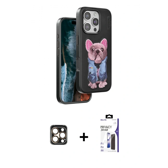 MARSİLYAN™- iPhone 16 Pro Max Kılıf İz Minimal Koleksiyonu - Siyah Bilvis 3X AR Hayalet Cam Ekran Koruyucu + PVD Metal Kamera Lens - GD