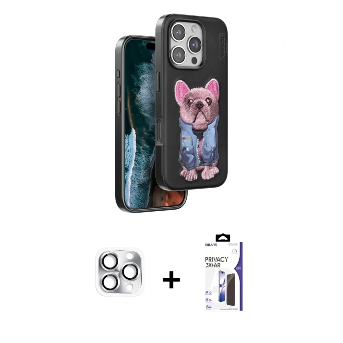 MARSİLYAN™- iPhone 16 Pro Max Kılıf İz Minimal Koleksiyonu - Siyah Bilvis 3X AR Hayalet Cam Ekran Koruyucu + Pers Alüminyum Kamera Lens - GS