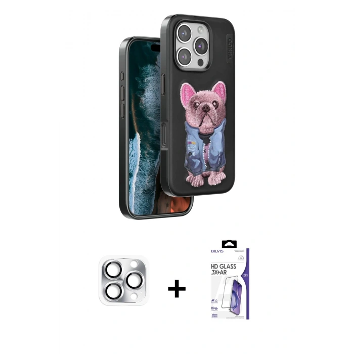 MARSİLYAN™- iPhone 16 Pro Max Kılıf İz Minimal Koleksiyonu - Siyah Bilvis 3X AR HD Cam Ekran Koruyucu + Pers Alüminyum Kamera Lens - GS