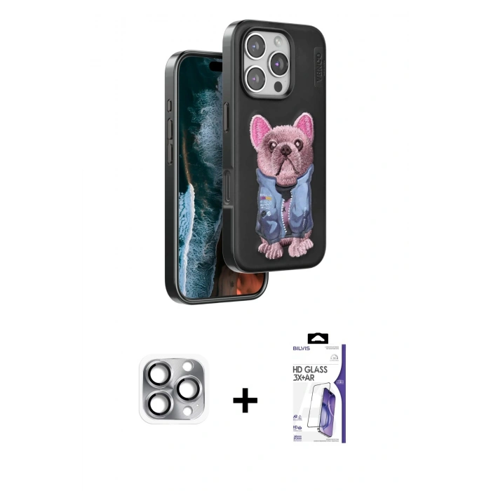 MARSİLYAN™- iPhone 16 Pro Max Kılıf İz Minimal Koleksiyonu - Siyah Bilvis 3X AR HD Cam Ekran Koruyucu + Pers Alüminyum Kamera Lens - GI