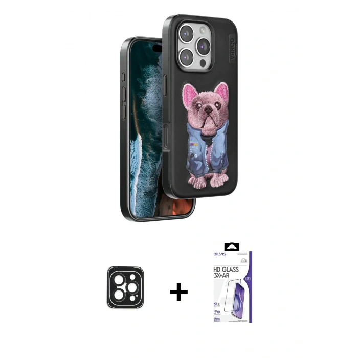 MARSİLYAN™- iPhone 16 Pro Max Kılıf İz Minimal Koleksiyonu - Siyah Bilvis 3X AR HD Cam Ekran Koruyucu + PVD Metal Kamera Lens - SH