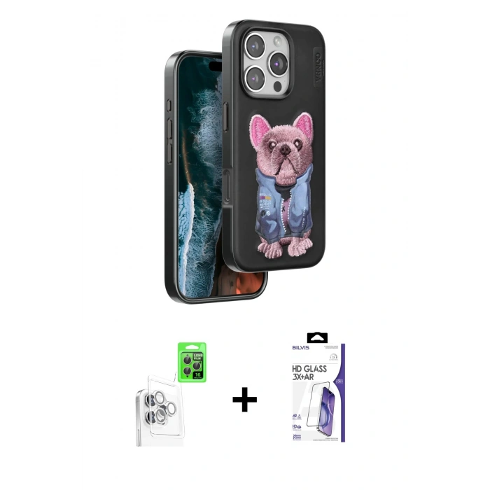 MARSİLYAN™- iPhone 16 Pro Max Kılıf İz Minimal Koleksiyonu - Siyah Bilvis 3X AR HD Cam Ekran Koruyucu + Raze Metal Kamera Lens - BZ
