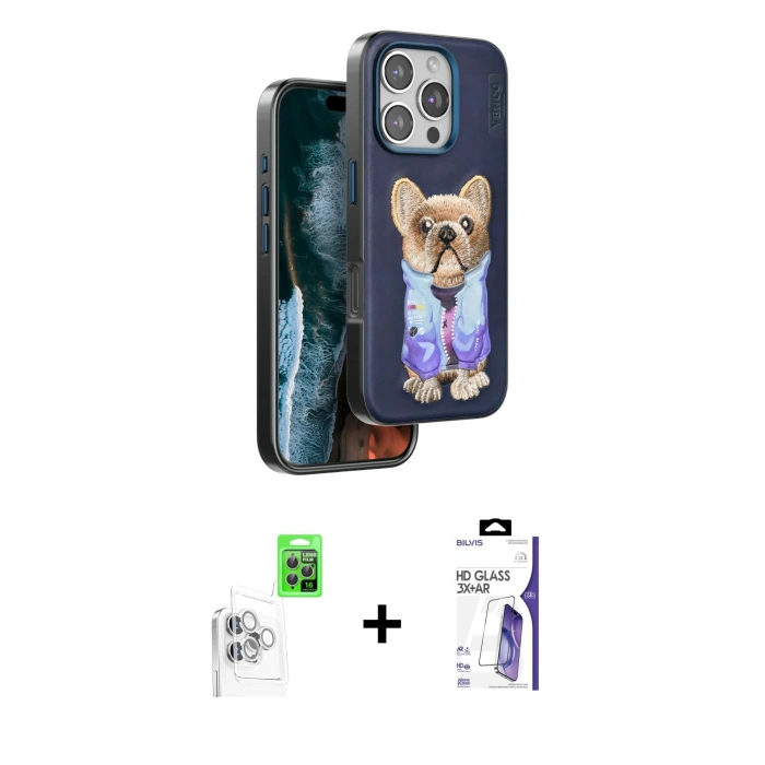 MARSİLYAN™- iPhone 16 Pro Max Kılıf İz Minimal Koleksiyonu - Siyah Bilvis 3X AR HD Cam Ekran Koruyucu + Raze Metal Kamera Lens - BZ