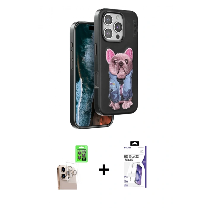 MARSİLYAN™- iPhone 16 Pro Max Kılıf İz Minimal Koleksiyonu - Siyah Bilvis 3X AR HD Cam Ekran Koruyucu + Raze Metal Kamera Lens - NLGY