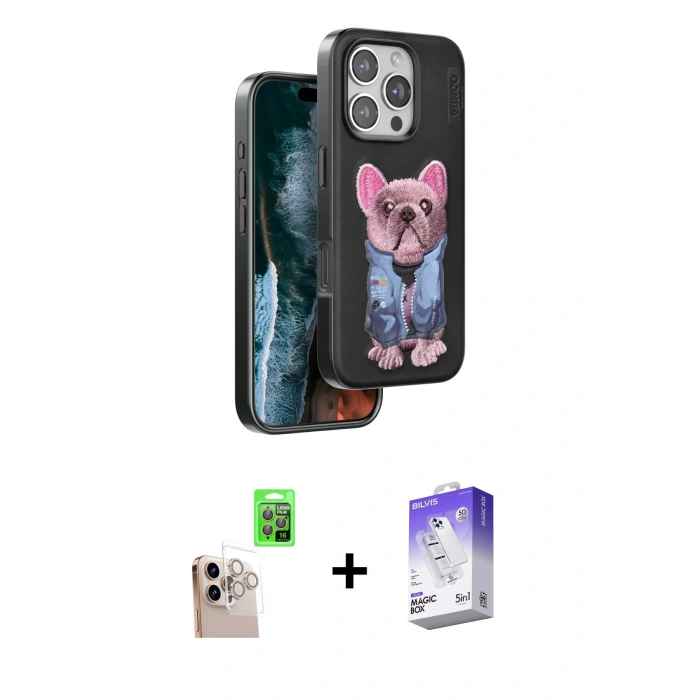 MARSİLYAN™- iPhone 16 Pro Max Kılıf İz Minimal Koleksiyonu - Siyah Bilvis 5in1 3D Magic Cam Ekran Koruyucu + Raze Metal Kamera Lens - NLGY