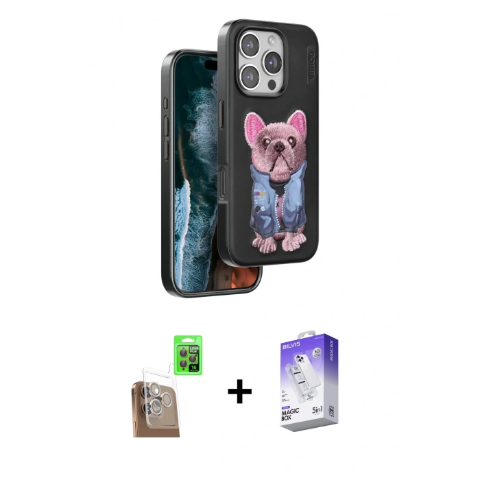 MARSİLYAN™- iPhone 16 Pro Max Kılıf İz Minimal Koleksiyonu - Siyah Bilvis 5in1 3D Magic Cam Ekran Koruyucu + Raze Metal Kamera Lens - CLTM