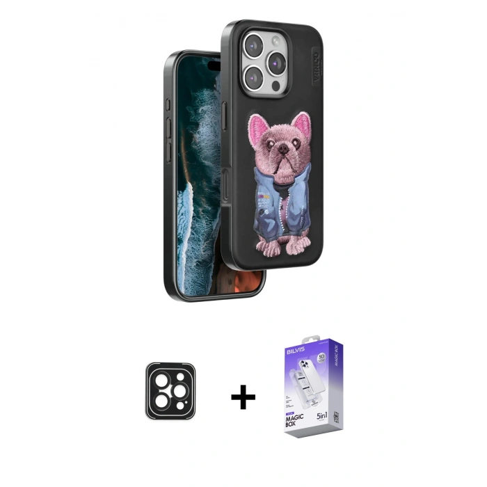 MARSİLYAN™- iPhone 16 Pro Max Kılıf İz Minimal Koleksiyonu - Siyah Bilvis 5in1 3D Magic Cam Ekran Koruyucu + PVD Metal Kamera Lens - SH