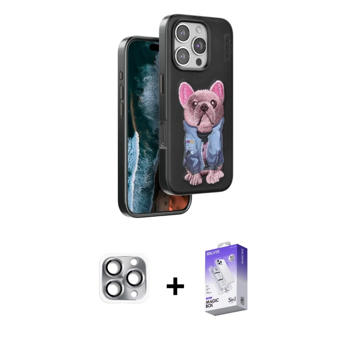MARSİLYAN™- iPhone 16 Pro Max Kılıf İz Minimal Koleksiyonu - Siyah Bilvis 5in1 3D Magic Cam Ekran Koruyucu + Pers Alüminyum Kamera Lens - GI