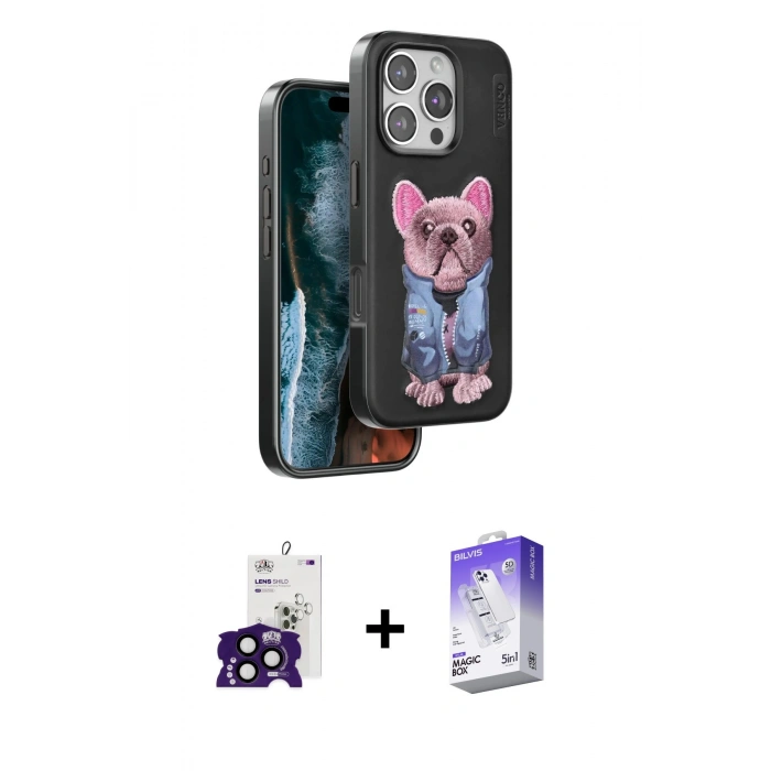 MARSİLYAN™- iPhone 16 Pro Max Kılıf İz Minimal Koleksiyonu - Siyah Bilvis 5in1 3D Magic Cam Ekran Koruyucu + Siyah Bilvis Titan Kamera Lens