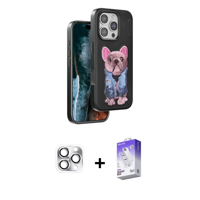 MARSİLYAN™- iPhone 16 Pro Max Kılıf İz Minimal Koleksiyonu - Siyah Bilvis 5in1 3D Magic Cam Ekran Koruyucu + Pers Alüminyum Kamera Lens - GS