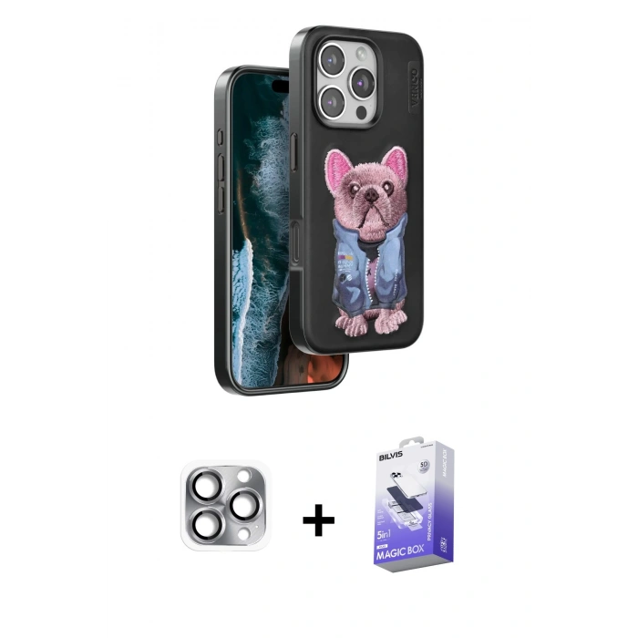 MARSİLYAN™- iPhone 16 Pro Max Kılıf İz Minimal Koleksiyonu - Siyah Bilvis 5in1 5D Magic Hayalet Cam Ekran Koruyucu + Pers Alüminyum Kamera Lens - GI