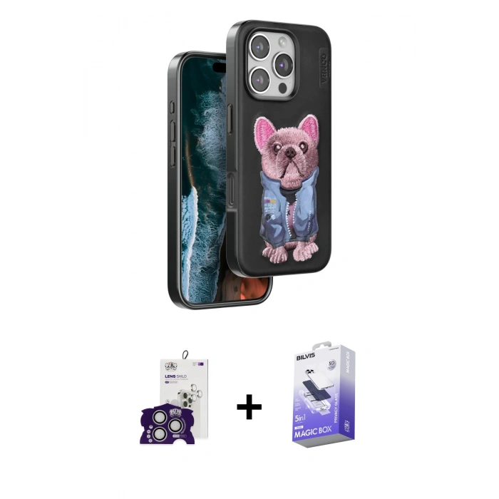 MARSİLYAN™- iPhone 16 Pro Max Kılıf İz Minimal Koleksiyonu - Siyah Bilvis 5in1 5D Magic Hayalet Cam Ekran Koruyucu + Bilvis Titan Kamera Lens - GS